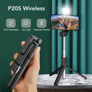 P20S Wireless Selfie Stick with LED Light & Bluetooth Remote – Tripod Combo for Vlog & Travel