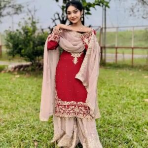 👗 Viral Red Garara Three Piece – Premium Indian Georgette