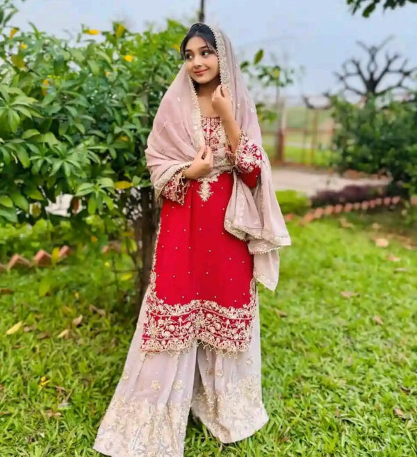👗 Viral Red Garara Three Piece – Premium Indian Georgette - Image 4