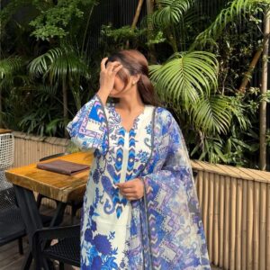 👗 Digital Print Three Piece – Elegant Cotton Silk Set